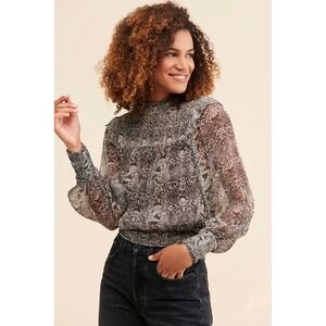 Free People Roma Blouse Snakeskin Print Ruffle Trim Long Sleeve Top Size L